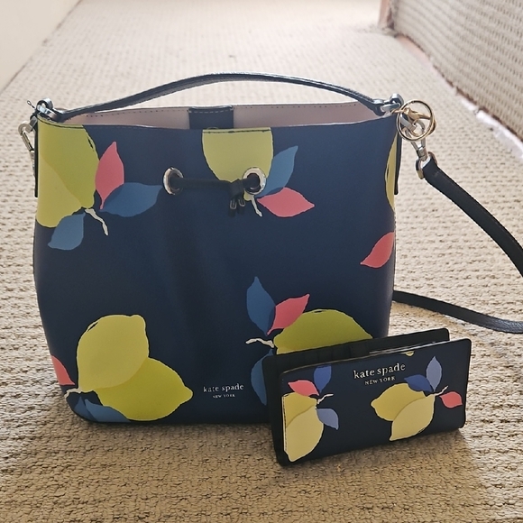 kate spade Handbags - Kate Spade Navy and Lemon Print Shoulder Bag and Matching Wallet